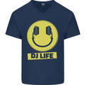 Headphones DJ Life Acid Face Vinyl Decks Mens V-Neck Cotton T-Shirt Navy Blue