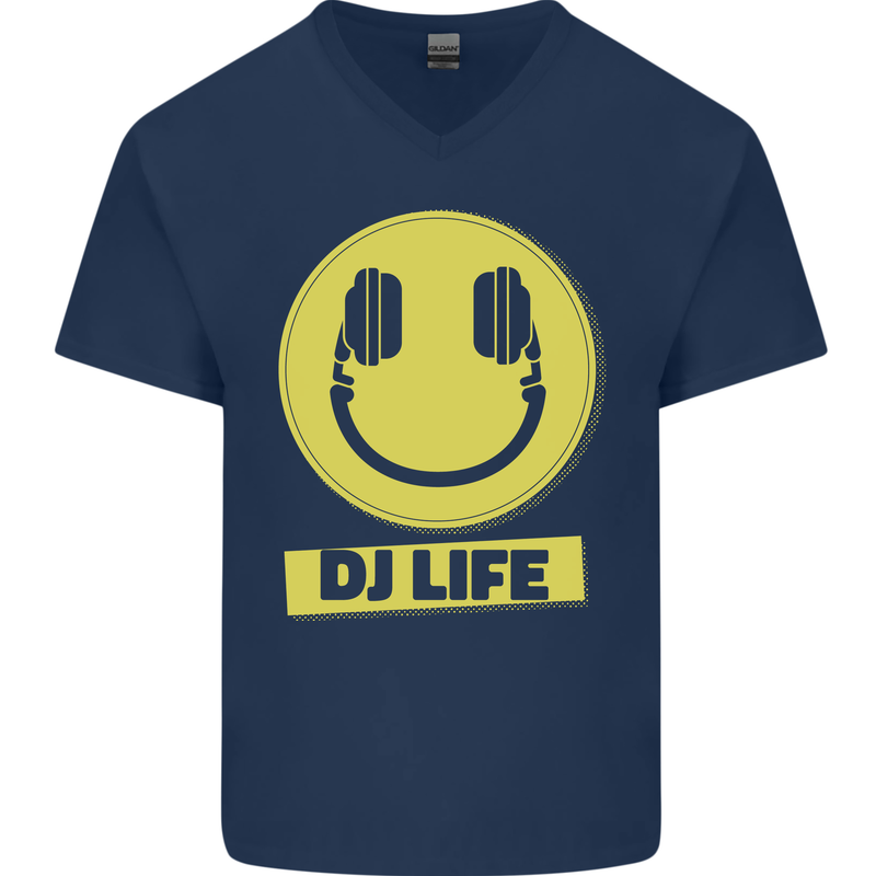 Headphones DJ Life Acid Face Vinyl Decks Mens V-Neck Cotton T-Shirt Navy Blue