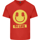 Headphones DJ Life Acid Face Vinyl Decks Mens V-Neck Cotton T-Shirt Red