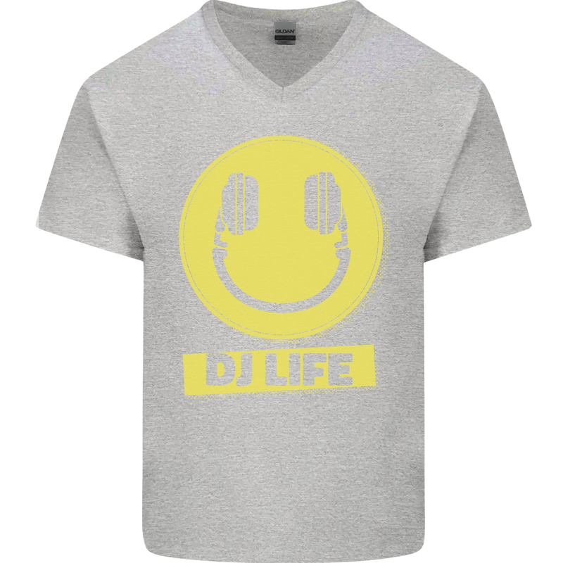 Headphones DJ Life Acid Face Vinyl Decks Mens V-Neck Cotton T-Shirt Sports Grey