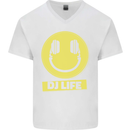 Headphones DJ Life Acid Face Vinyl Decks Mens V-Neck Cotton T-Shirt White