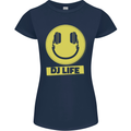 Headphones DJ Life Acid Face Vinyl Decks Womens Petite Cut T-Shirt Navy Blue