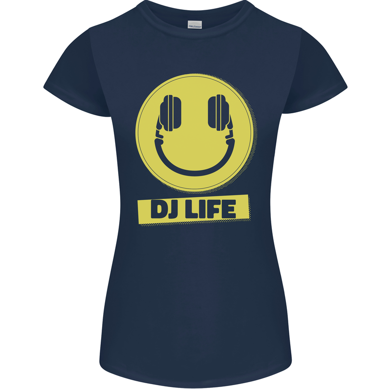 Headphones DJ Life Acid Face Vinyl Decks Womens Petite Cut T-Shirt Navy Blue