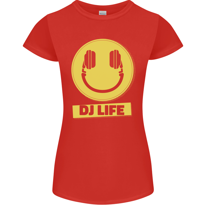 Headphones DJ Life Acid Face Vinyl Decks Womens Petite Cut T-Shirt Red