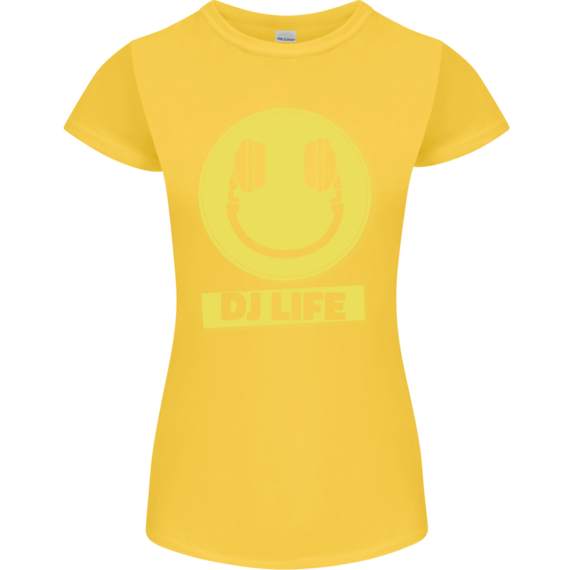 Headphones DJ Life Acid Face Vinyl Decks Womens Petite Cut T-Shirt Yellow