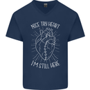 Heart Attack Recovery Survivor Mens V-Neck Cotton T-Shirt Navy Blue