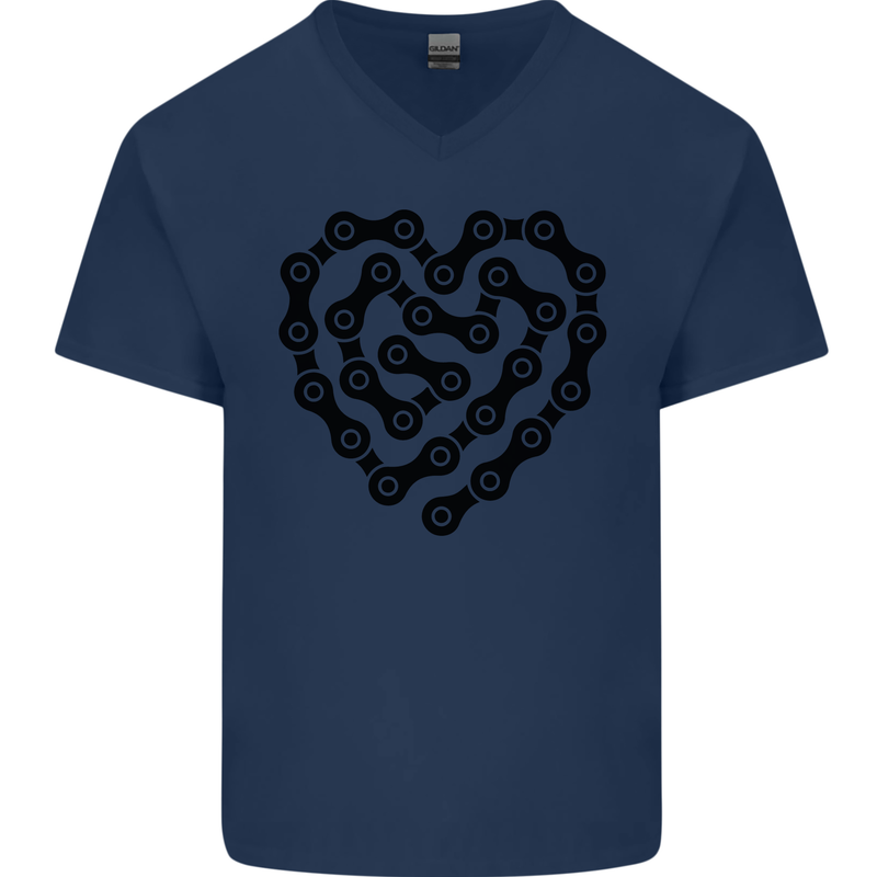 Heart Bike Chain Cycling Biker Motorbike Mens V-Neck Cotton T-Shirt Navy Blue