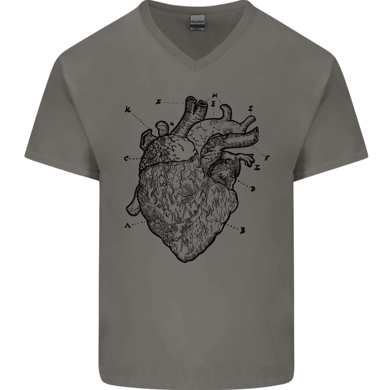 Heart Diagram Mens V-Neck Cotton T-Shirt Charcoal
