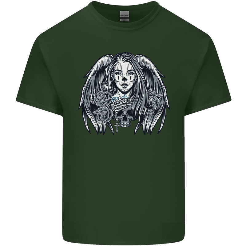 Heaven & Hell Angel Skull Day of the Dead Mens Cotton T-Shirt Tee Top Forest Green