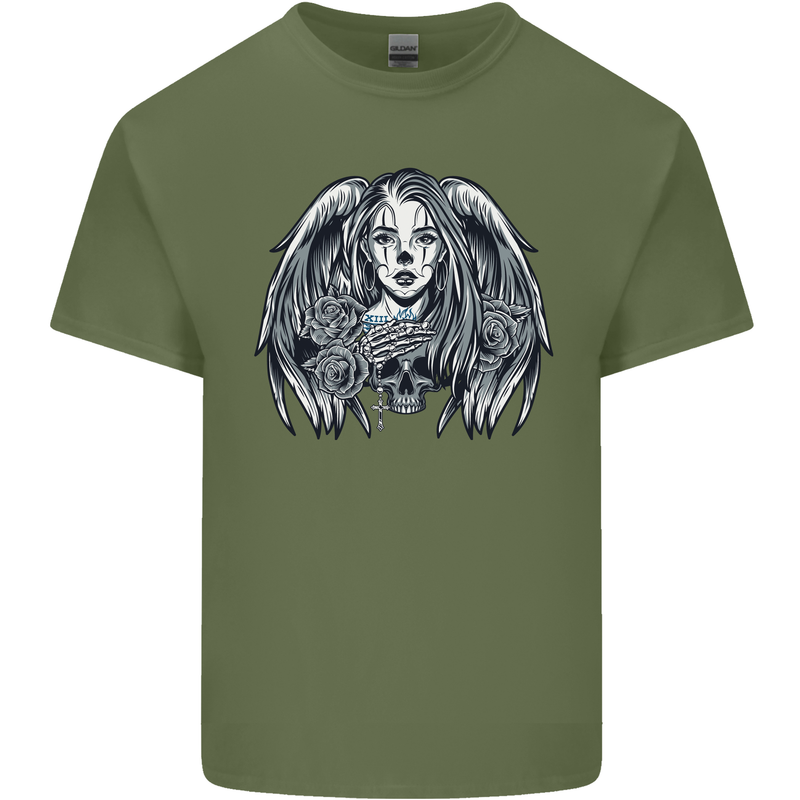 Heaven & Hell Angel Skull Day of the Dead Mens Cotton T-Shirt Tee Top Military Green