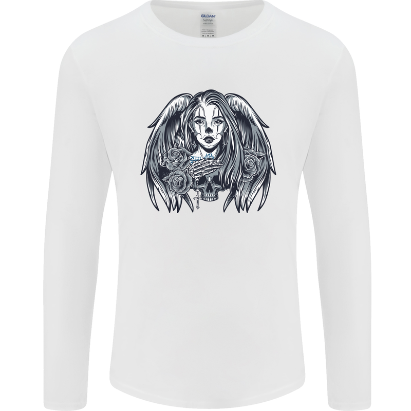 Heaven & Hell Angel Skull Day of the Dead Mens Long Sleeve T-Shirt White