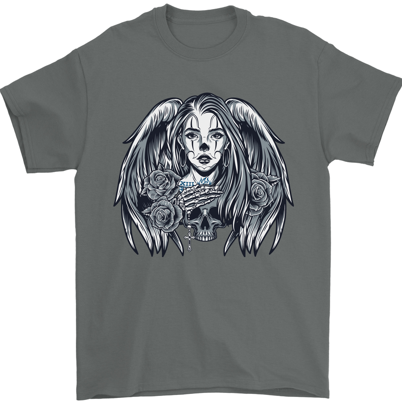 Heaven & Hell Angel Skull Day of the Dead Mens T-Shirt Cotton Gildan Charcoal