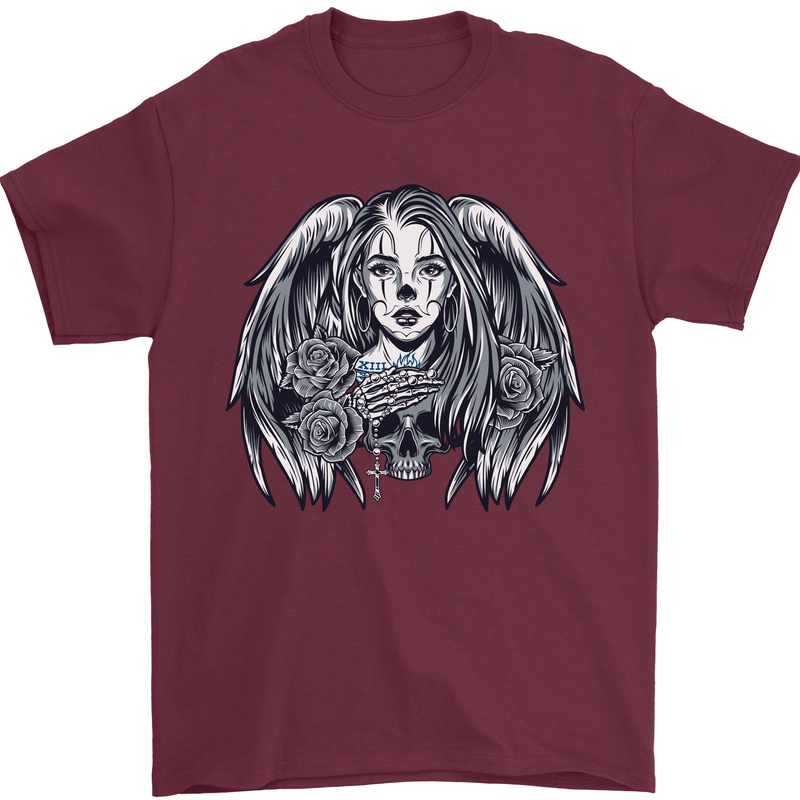 Heaven & Hell Angel Skull Day of the Dead Mens T-Shirt Cotton Gildan Maroon