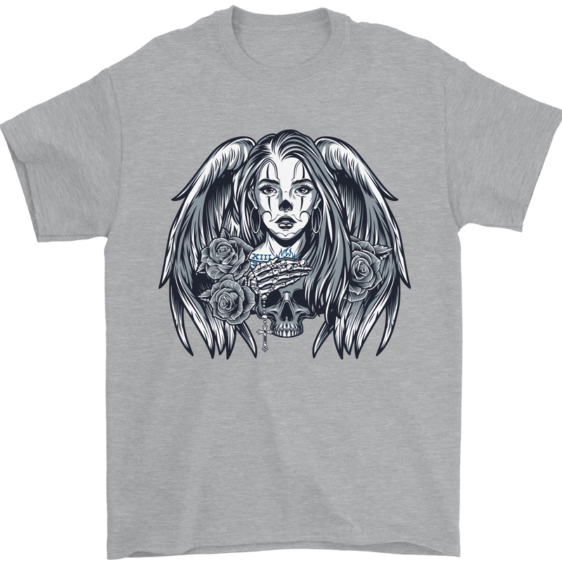 Heaven & Hell Angel Skull Day of the Dead Mens T-Shirt Cotton Gildan Sports Grey