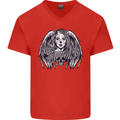 Heaven & Hell Angel Skull Day of the Dead Mens V-Neck Cotton T-Shirt Red