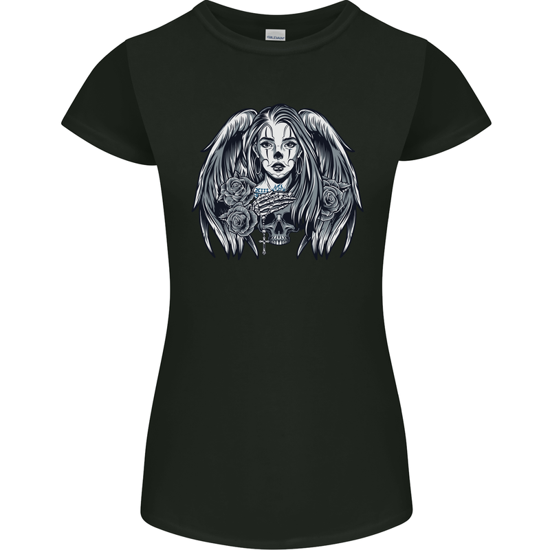 Heaven & Hell Angel Skull Day of the Dead Womens Petite Cut T-Shirt Black