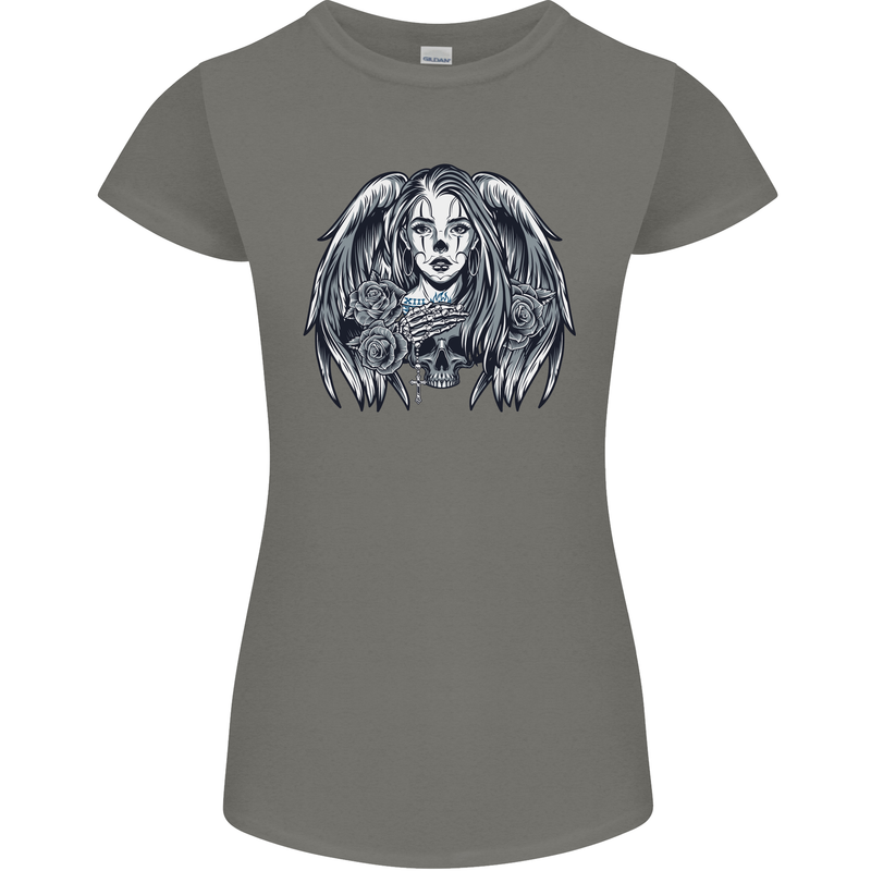 Heaven & Hell Angel Skull Day of the Dead Womens Petite Cut T-Shirt Charcoal