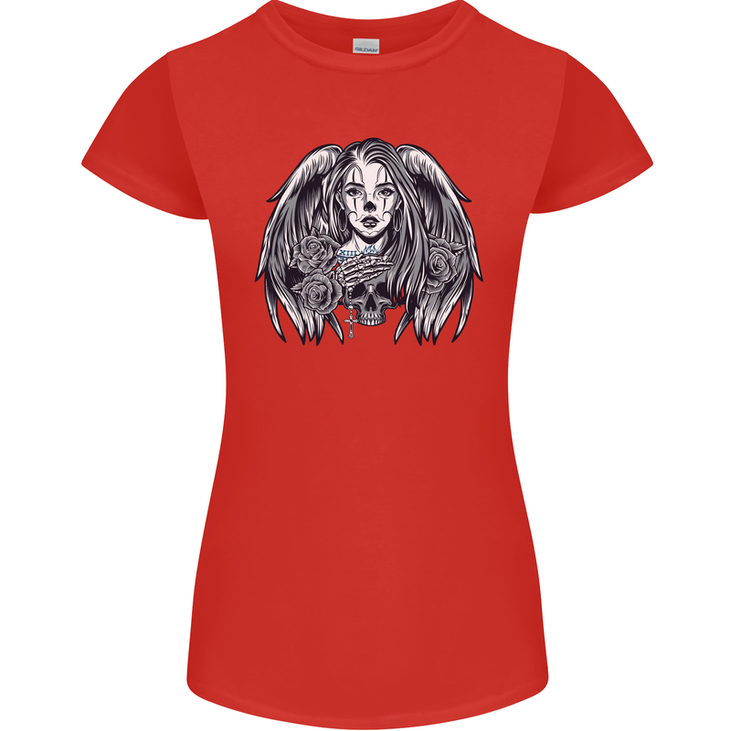 Heaven & Hell Angel Skull Day of the Dead Womens Petite Cut T-Shirt Red