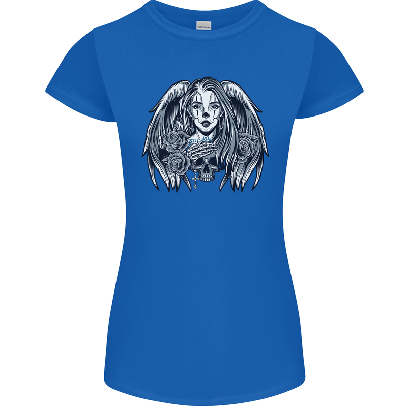 Heaven & Hell Angel Skull Day of the Dead Womens Petite Cut T-Shirt Royal Blue