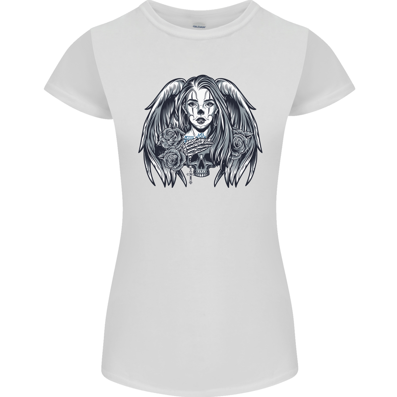 Heaven & Hell Angel Skull Day of the Dead Womens Petite Cut T-Shirt White