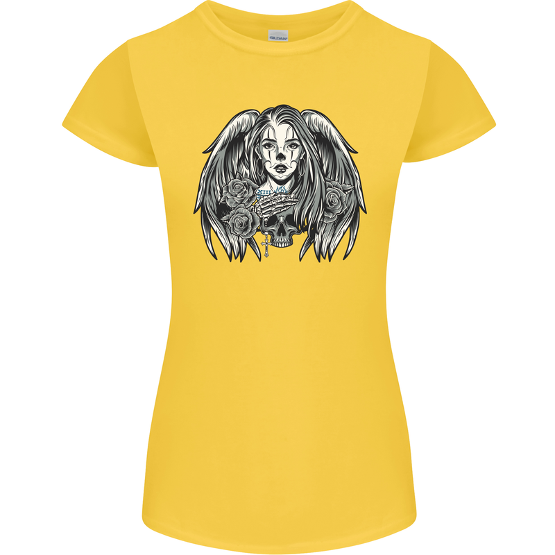 Heaven & Hell Angel Skull Day of the Dead Womens Petite Cut T-Shirt Yellow