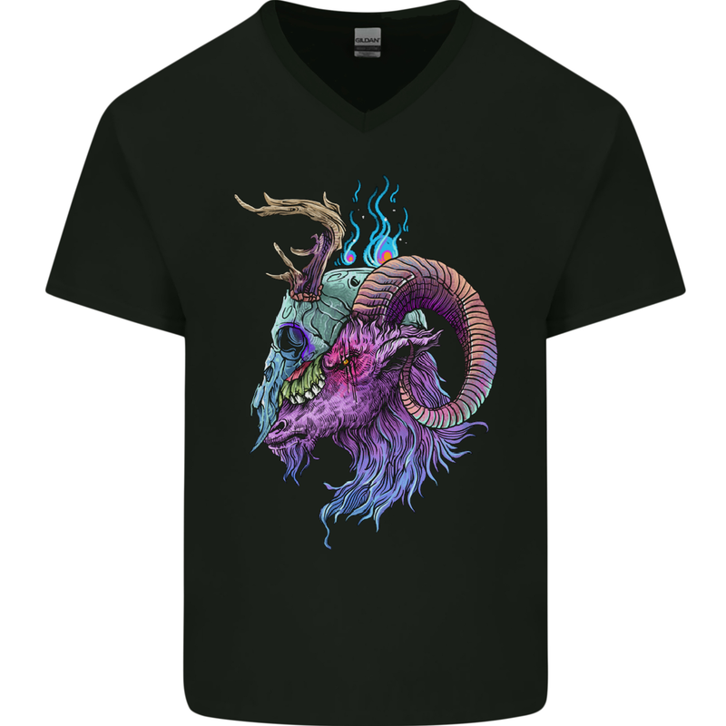 Heavy Metal Music Goat Skull Death Mens V-Neck Cotton T-Shirt Black