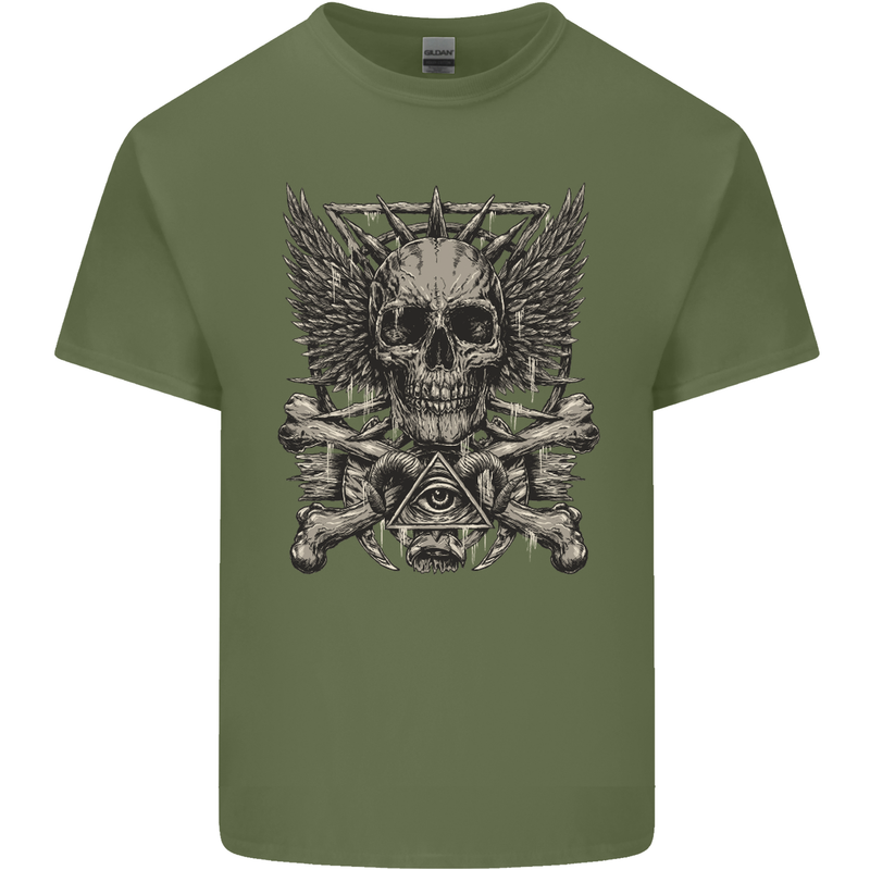 Heavy Metal Skull Rock Music Guitar Biker Mens Cotton T-Shirt Tee Top Military Green