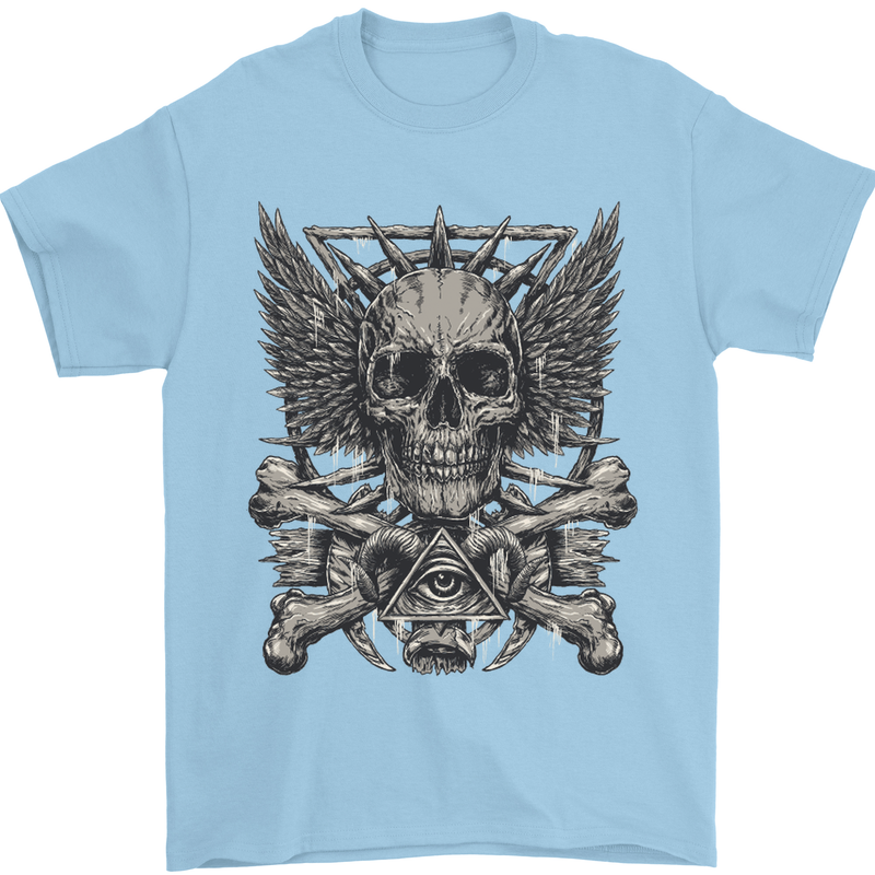 Heavy Metal Skull Rock Music Guitar Biker Mens T-Shirt Cotton Gildan Light Blue