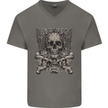 Heavy Metal Skull Rock Music Guitar Biker Mens V-Neck Cotton T-Shirt Charcoal