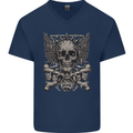 Heavy Metal Skull Rock Music Guitar Biker Mens V-Neck Cotton T-Shirt Navy Blue