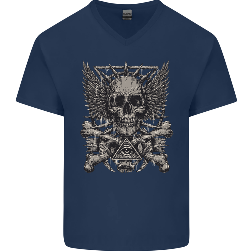 Heavy Metal Skull Rock Music Guitar Biker Mens V-Neck Cotton T-Shirt Navy Blue