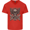 Heavy Metal Skull Rock Music Guitar Biker Mens V-Neck Cotton T-Shirt Red