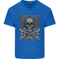 Heavy Metal Skull Rock Music Guitar Biker Mens V-Neck Cotton T-Shirt Royal Blue