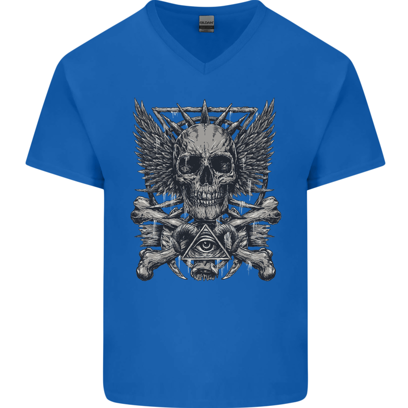 Heavy Metal Skull Rock Music Guitar Biker Mens V-Neck Cotton T-Shirt Royal Blue