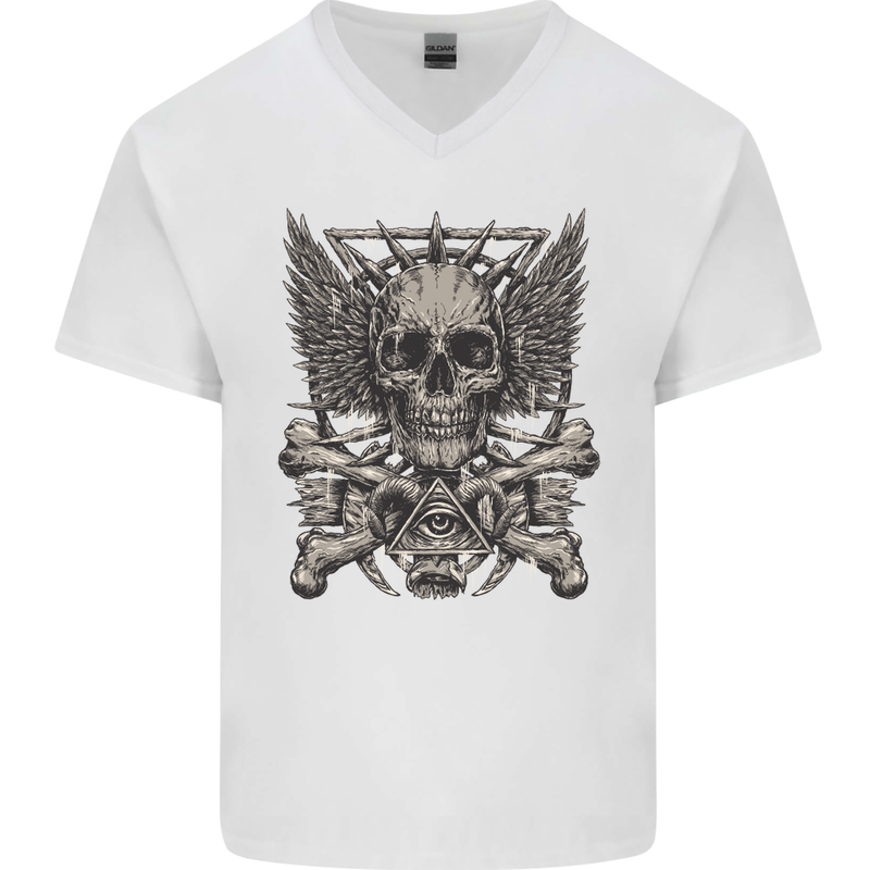 Heavy Metal Skull Rock Music Guitar Biker Mens V-Neck Cotton T-Shirt White