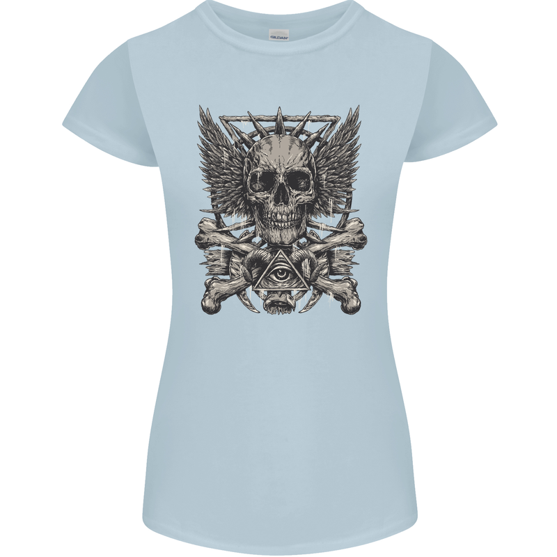 Heavy Metal Skull Rock Music Guitar Biker Womens Petite Cut T-Shirt Light Blue