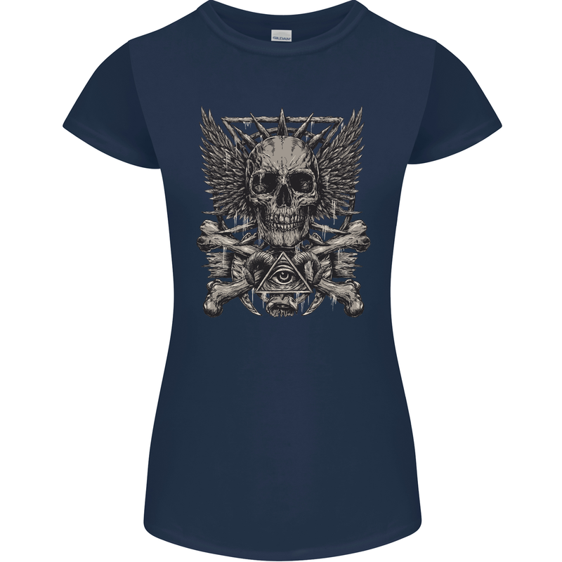 Heavy Metal Skull Rock Music Guitar Biker Womens Petite Cut T-Shirt Navy Blue