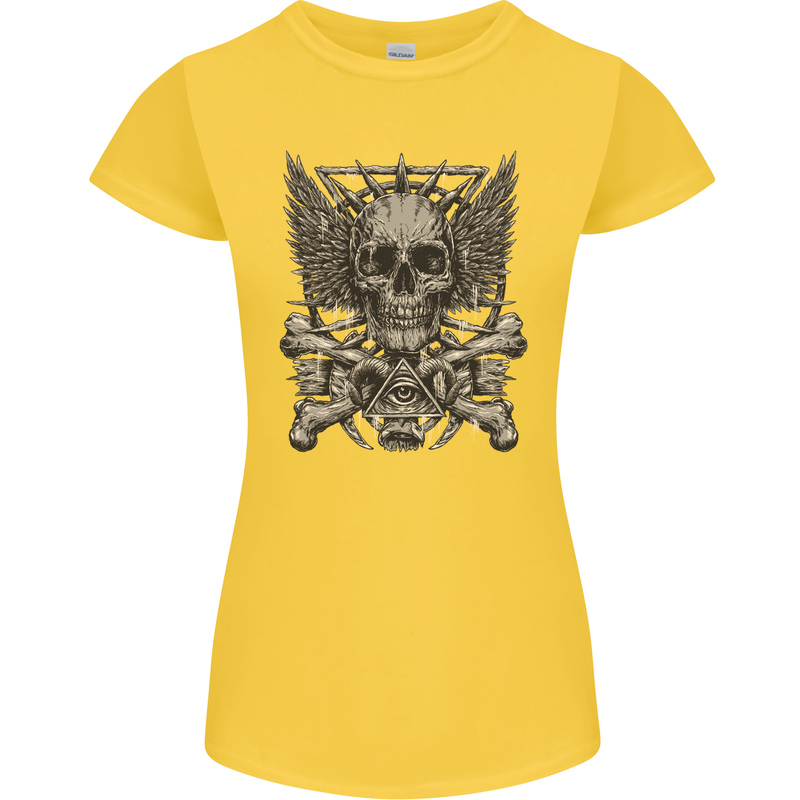 Heavy Metal Skull Rock Music Guitar Biker Womens Petite Cut T-Shirt Yellow