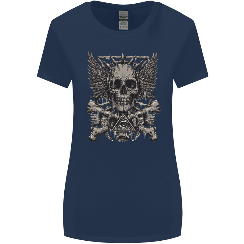 Heavy Metal Skull Rock Music Guitar Biker Womens Wider Cut T-Shirt Navy Blue