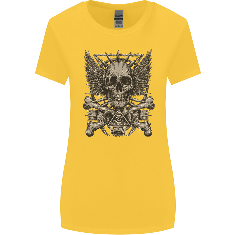 Heavy Metal Skull Rock Music Guitar Biker Womens Wider Cut T-Shirt Yellow