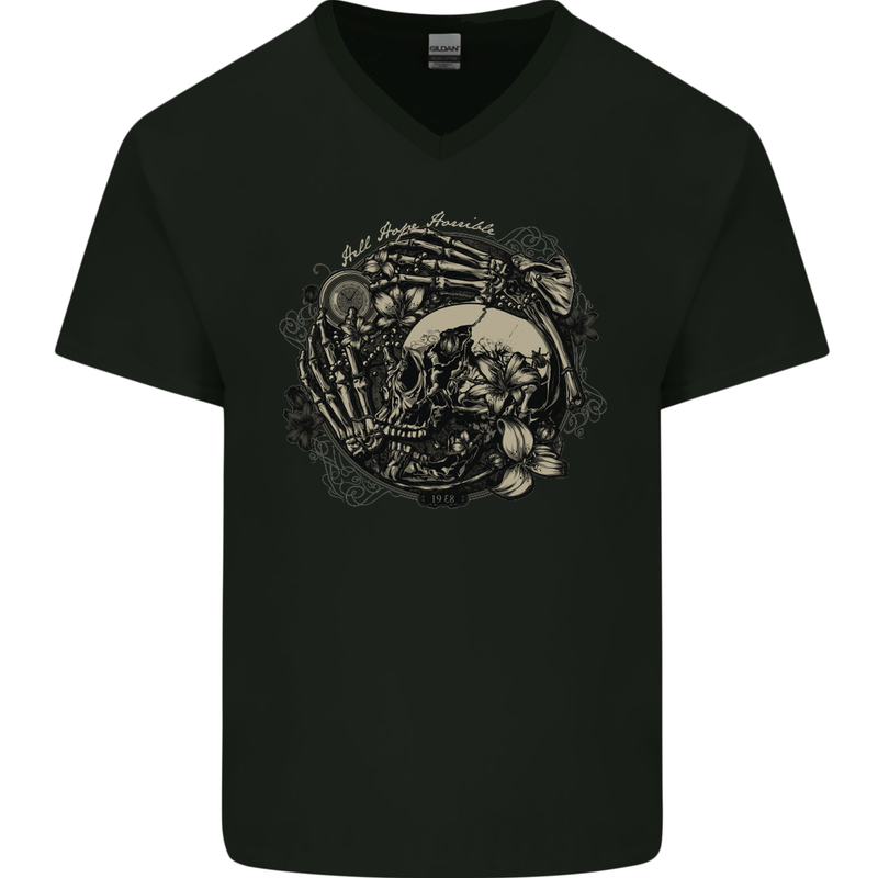 Hell Hope Horrible Skulls Gothic Biker Mens V-Neck Cotton T-Shirt Black