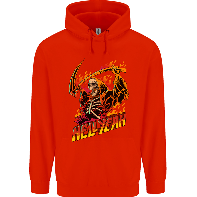 Hell Yeah Grim Reaper Skull Heavy Metal Childrens Kids Hoodie Bright Red