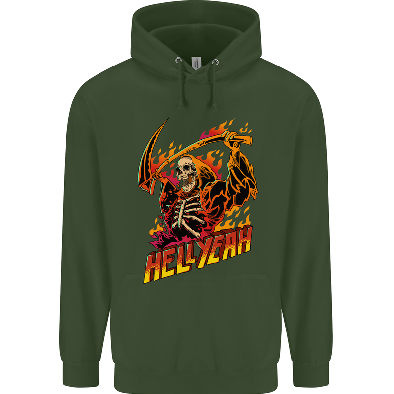 Hell Yeah Grim Reaper Skull Heavy Metal Childrens Kids Hoodie Forest Green