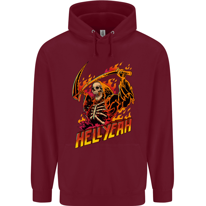 Hell Yeah Grim Reaper Skull Heavy Metal Childrens Kids Hoodie Maroon