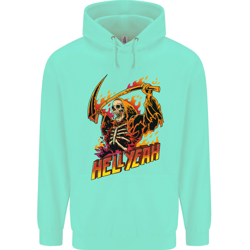 Hell Yeah Grim Reaper Skull Heavy Metal Childrens Kids Hoodie Peppermint