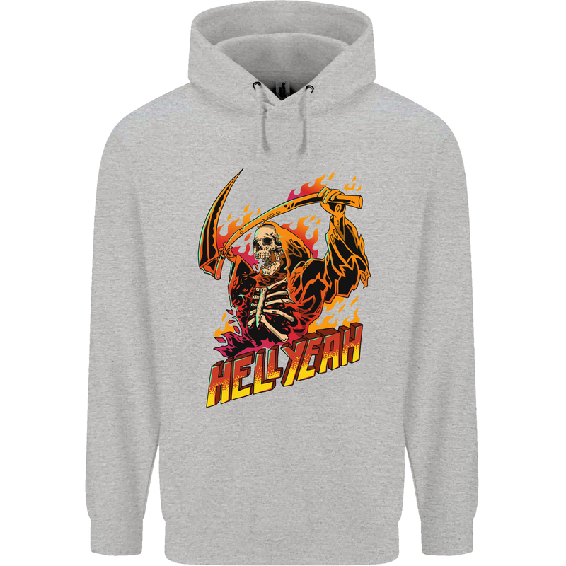 Hell Yeah Grim Reaper Skull Heavy Metal Childrens Kids Hoodie Sports Grey