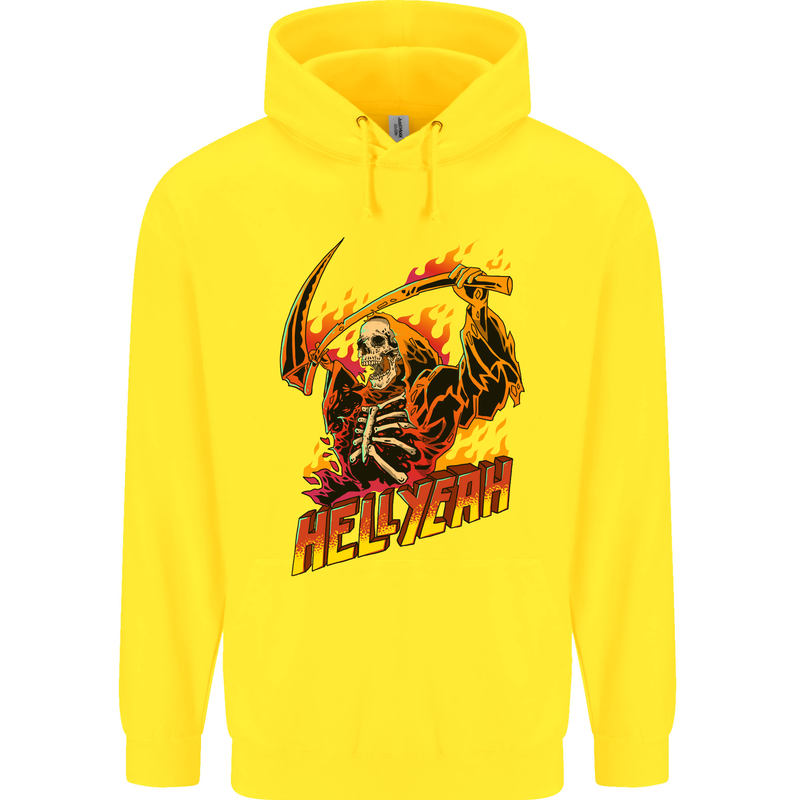 Hell Yeah Grim Reaper Skull Heavy Metal Childrens Kids Hoodie Yellow