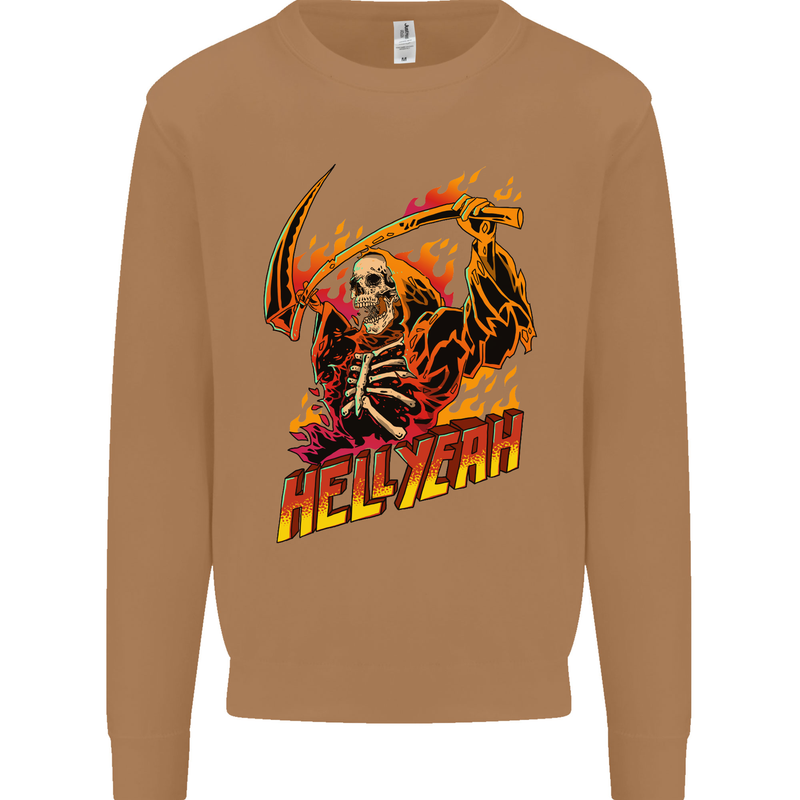Hell Yeah Grim Reaper Skull Heavy Metal Mens Sweatshirt Jumper Caramel Latte