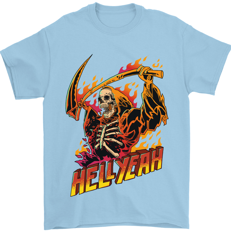 Hell Yeah Grim Reaper Skull Heavy Metal Mens T-Shirt Cotton Gildan Light Blue