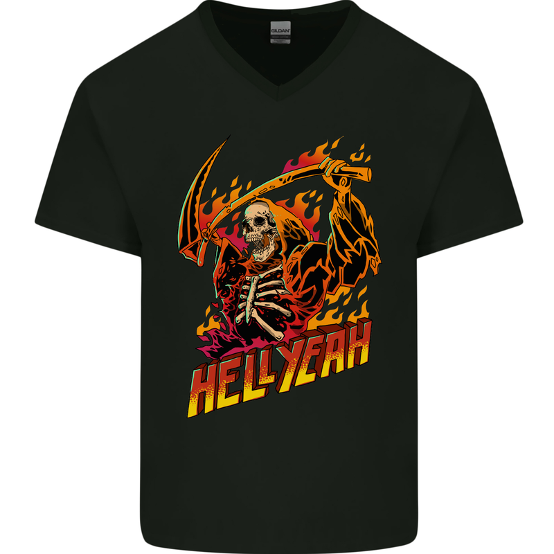 Hell Yeah Grim Reaper Skull Heavy Metal Mens V-Neck Cotton T-Shirt Black